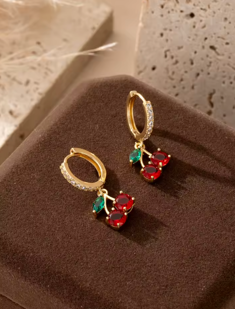Cherry Huggie Earrings CZ & Colored Gemstone Inlaid Clicker Hoops.