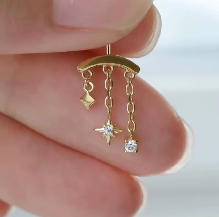 Gold/Silver Color Cross Star Long Tassel Chain Flat Backed Stud