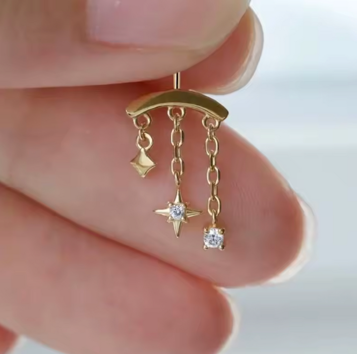 Gold/Silver Color Cross Star Long Tassel Chain Flat Backed Stud