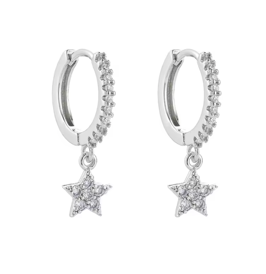 Sterling Silver Drop CZ Star Clicker Hoops