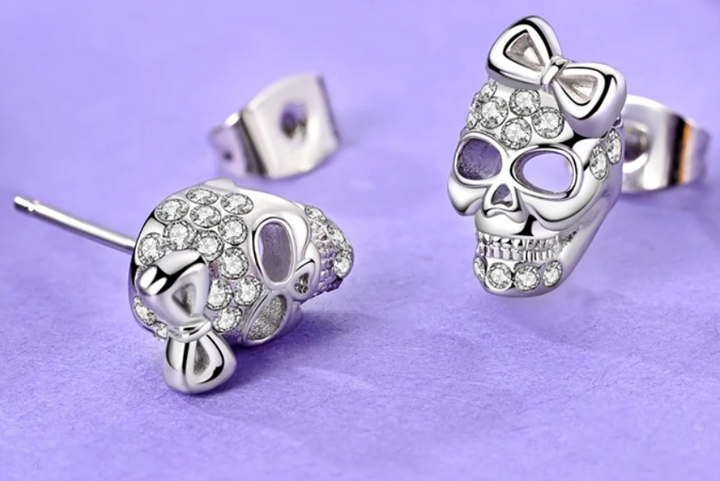 Sterling Silver CZ Cute Skull Ear Studs