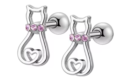 Dainty Stainless Steel CZ Cat Hypoallergenic Screw back Earrings