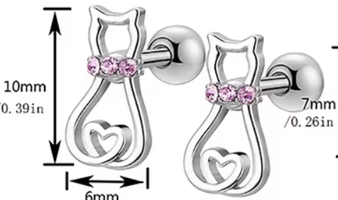Dainty Stainless Steel CZ Cat Hypoallergenic Screw back Earrings