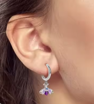 Sterling Silver Delicate Purple Love Bug CZ  Clicker Hoop