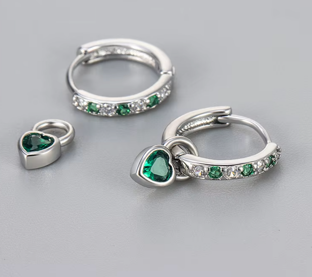 Petit Heart Drop Emerald CZ Hoop Earrings