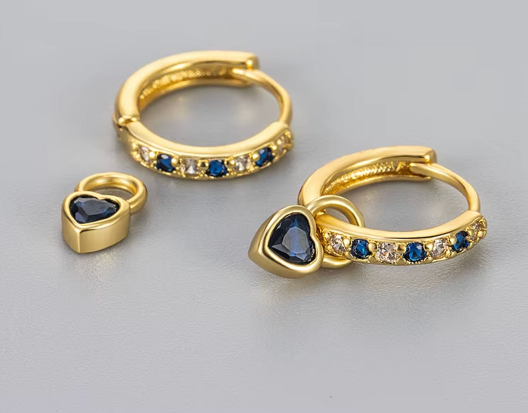 Petit Heart Drop Blue CZ Hoop Earrings