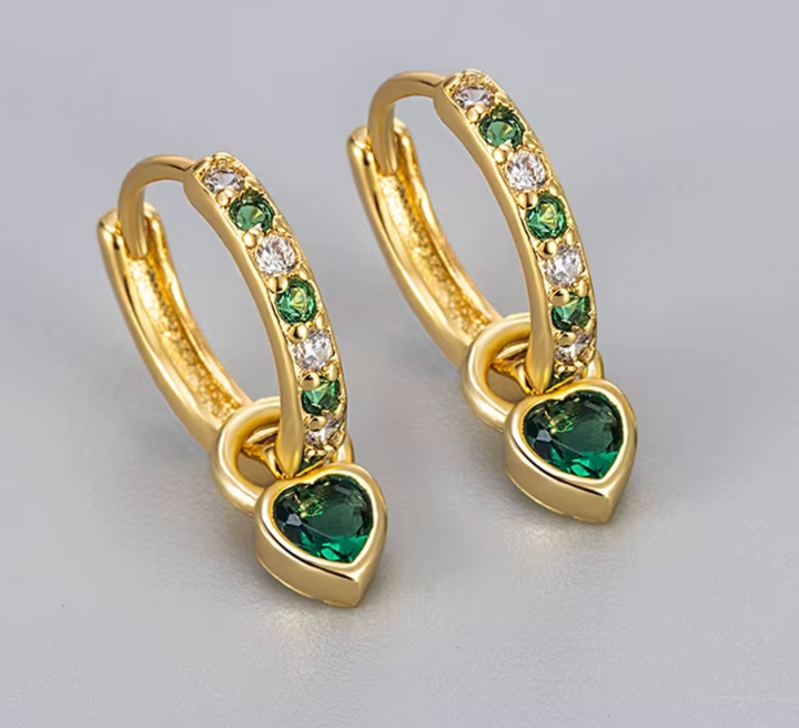 Petit Heart Drop Emerald CZ Hoop Earrings