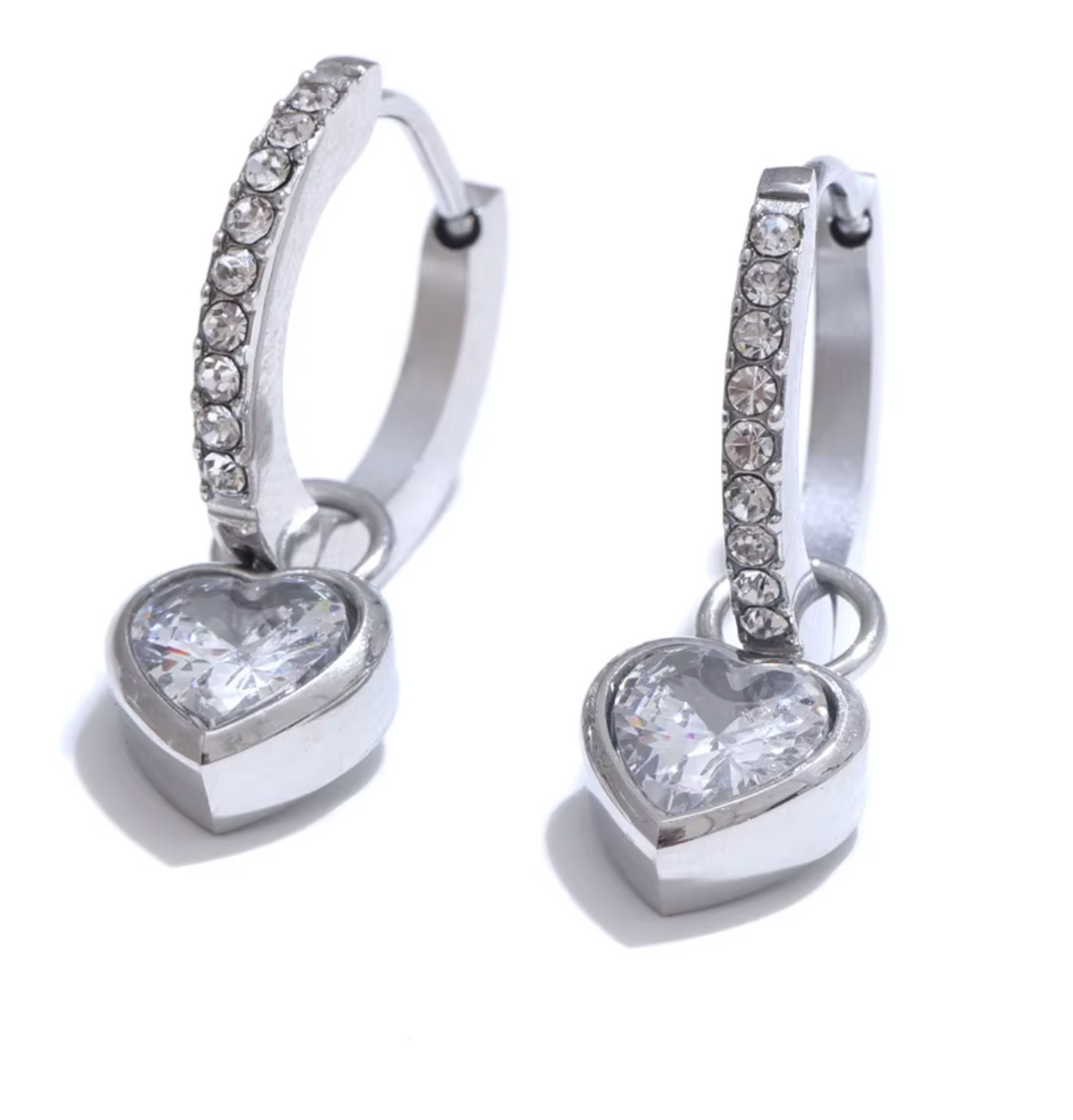 Stainless Steel CZ Heart Drop Hoop Earrings