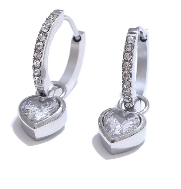 Stainless Steel CZ Heart Drop Hoop Earrings