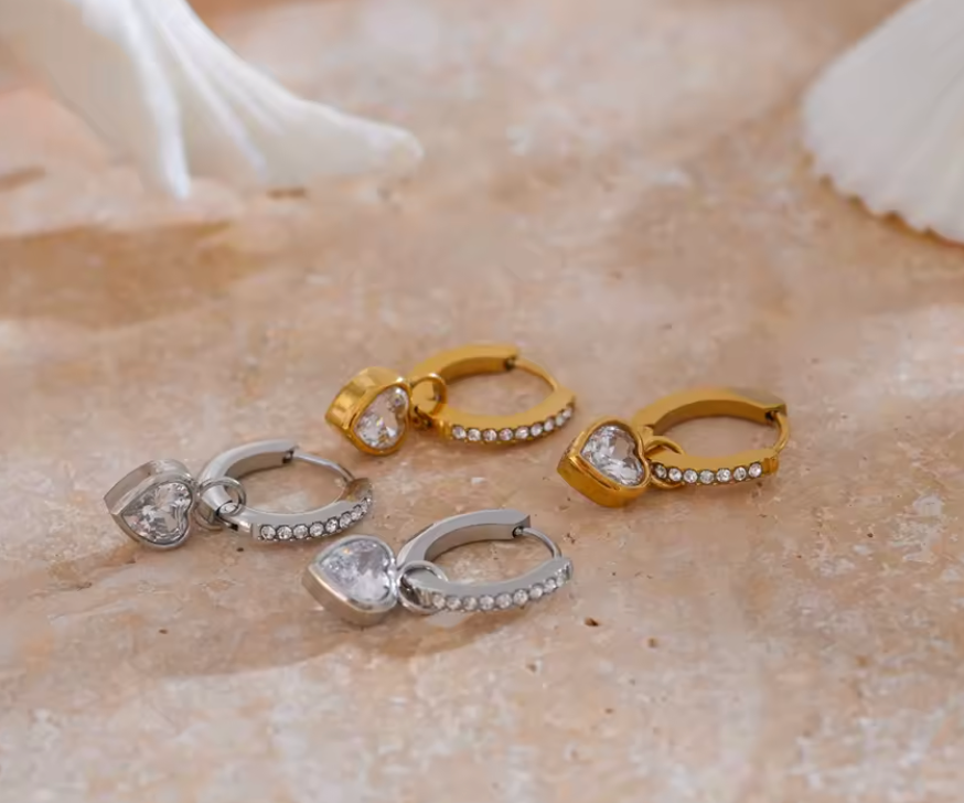 Stainless Steel CZ Heart Drop Hoop Earrings
