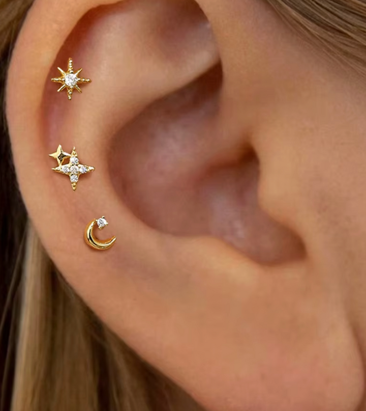 Sterling Silver Petit CZ Moon and Stars Stack Stud set