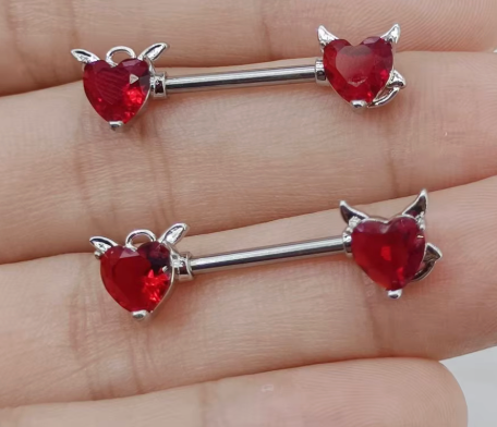 Titanium 2pcs Double Heart  Shape CZ Zircon Nipple Bars