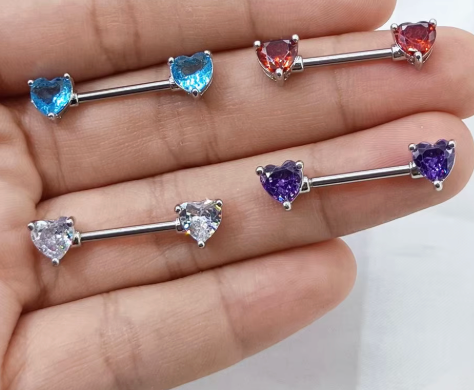 Titanium 2pcs Double Heart  Shape CZ Zircon Nipple Bars