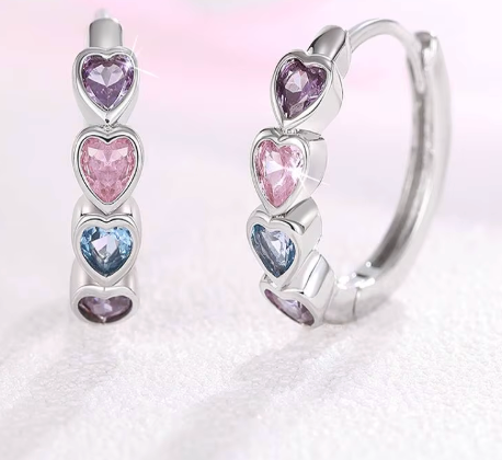 Four heart Paster Cz Clicker Hoop Earrings