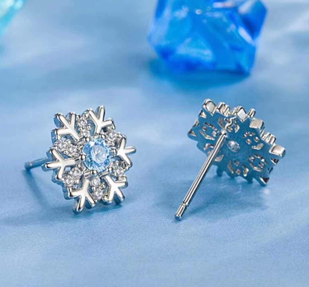 Sterling Silver CZ Blue Snowflake Ear Studs