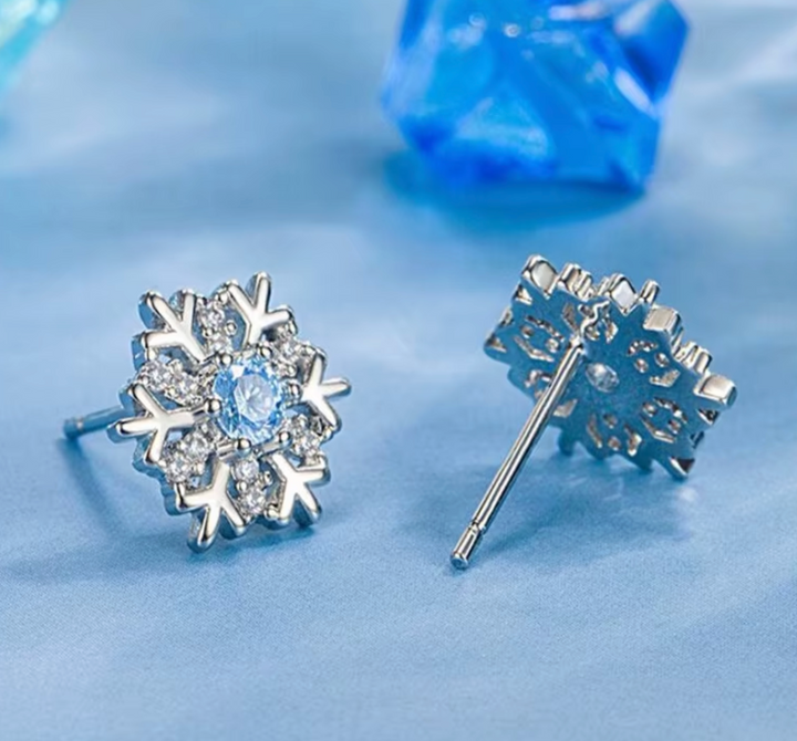Sterling Silver CZ Blue Snowflake Ear Studs