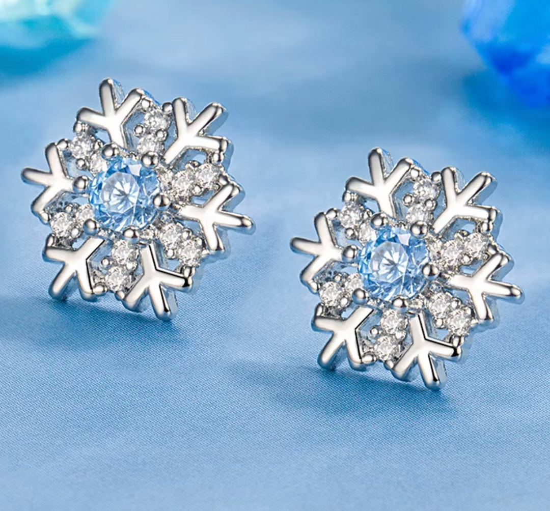 Sterling Silver CZ Blue Snowflake Ear Studs