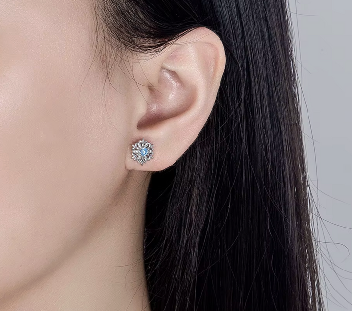 Sterling Silver CZ Blue Snowflake Ear Studs