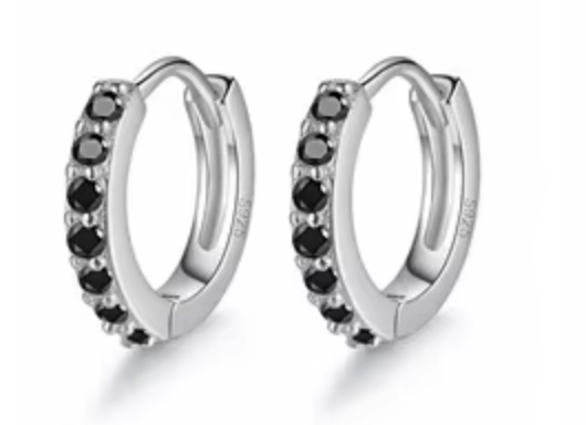 Sterling Silver  CZ Zahiti Black Stoned Hoop Earrings
