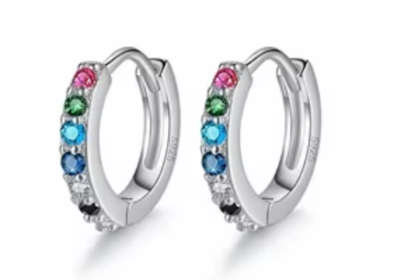 Sterling Silver  CZ Zahiti Black Stoned Hoop Earrings