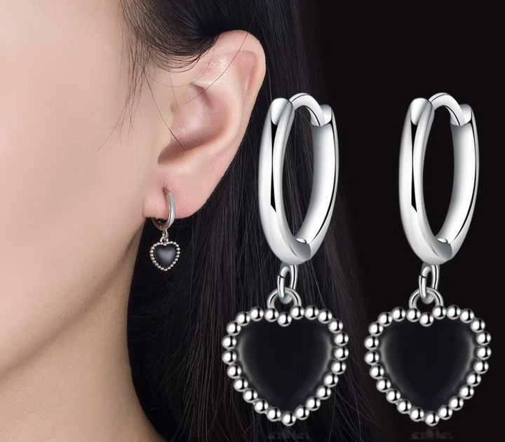 Sterling Silver Black Heart Drop Clicker Earrings.