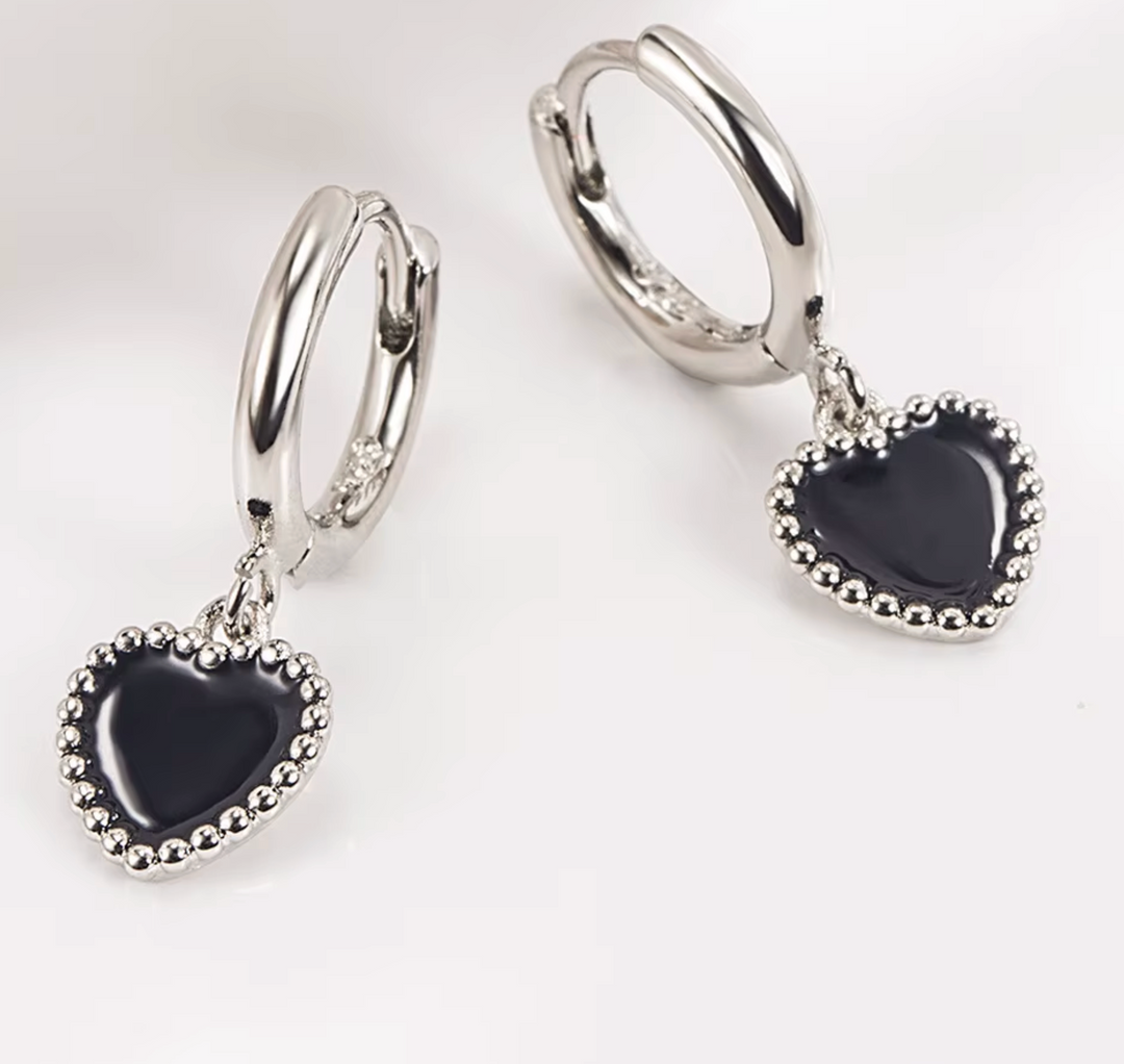 Sterling Silver Black Heart Drop Clicker Earrings.