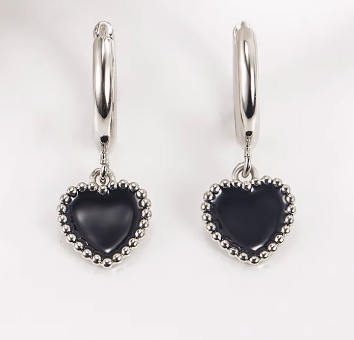 Sterling Silver Black Heart Drop Clicker Earrings.
