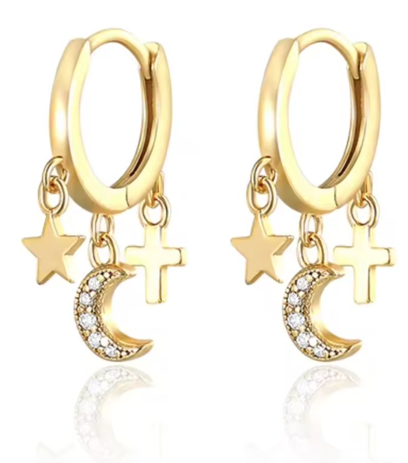 Moon Star and Cross CZ Drop Clicker Hoop Earrings