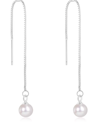 Faux Pearl Sterling Silver Long Drop Tassel Earrings
