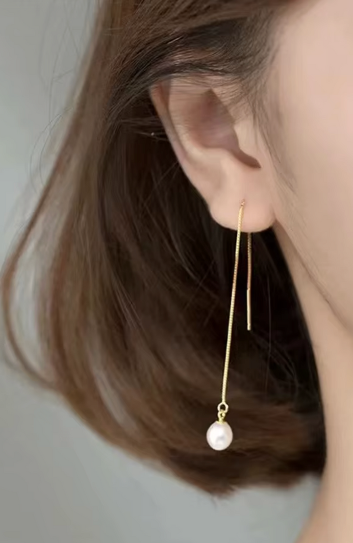 Faux Pearl Sterling Silver Long Drop Tassel Earrings
