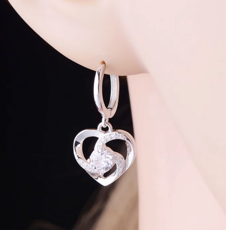 Sterling Silver Heart Swirl CZ Drop Hoop Earrings