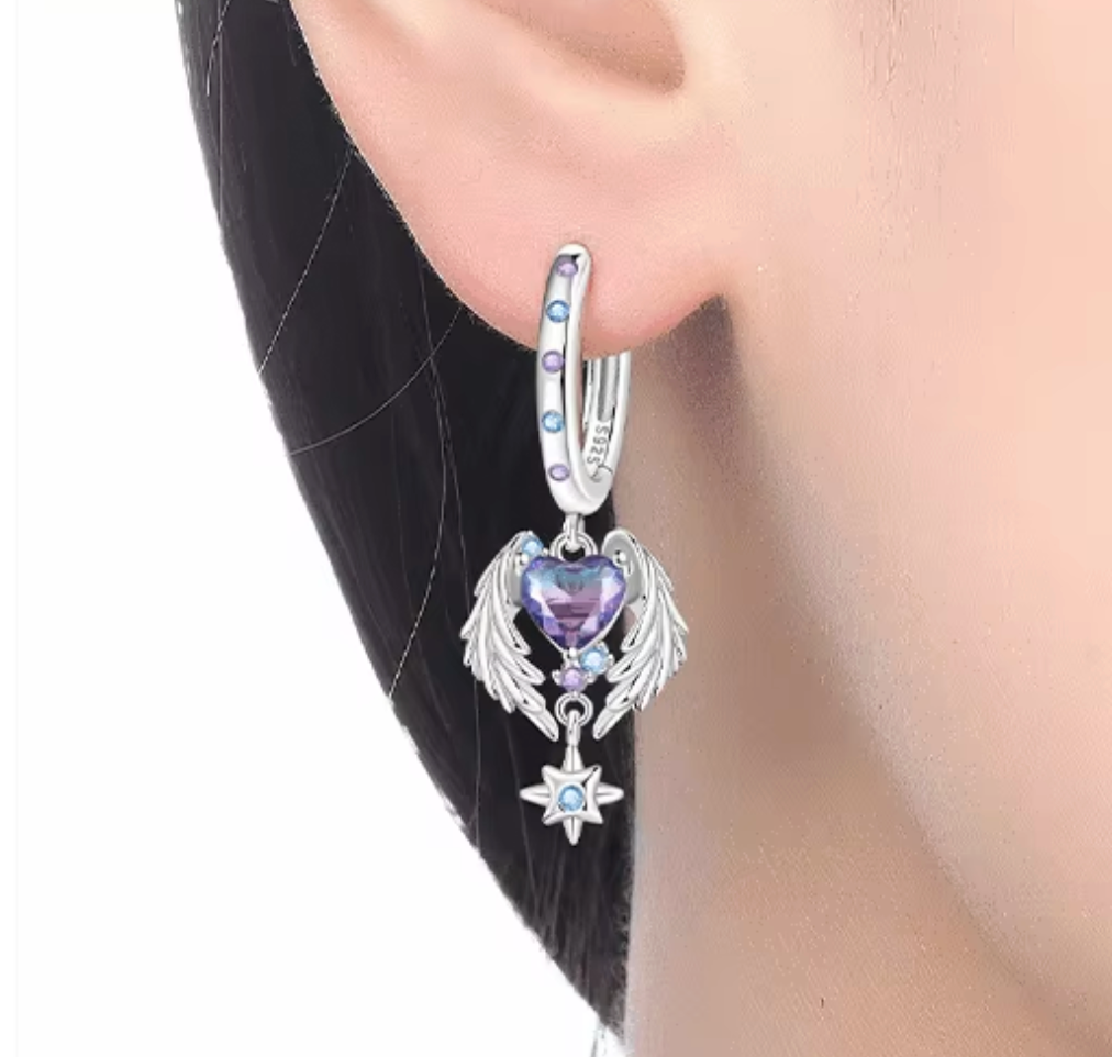 Sterling Silver Ascending Heart and Star Clicker Hoop Earrings