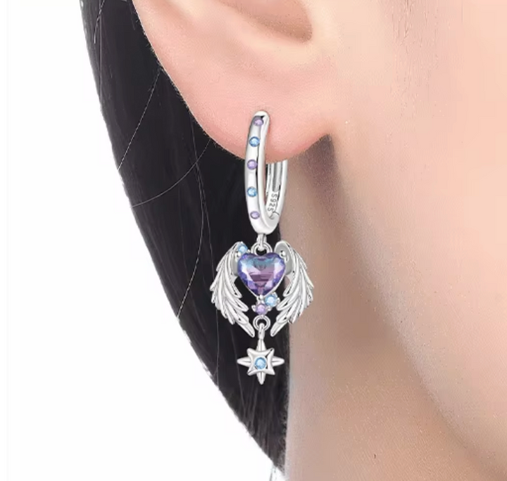 Sterling Silver Ascending Heart and Star Clicker Hoop Earrings