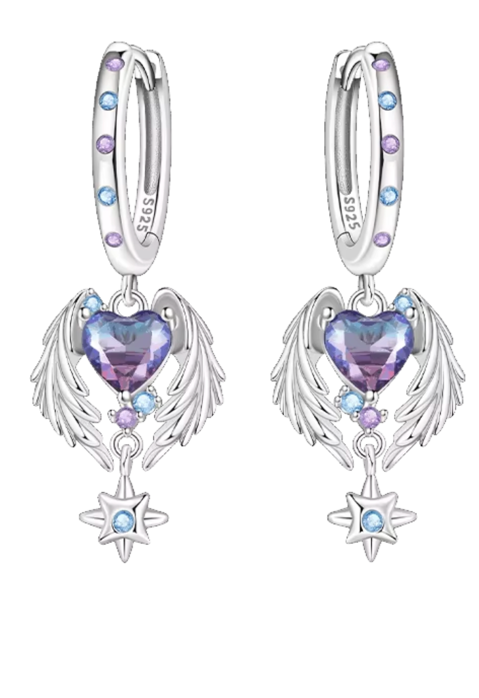 Sterling Silver Ascending Heart and Star Clicker Hoop Earrings