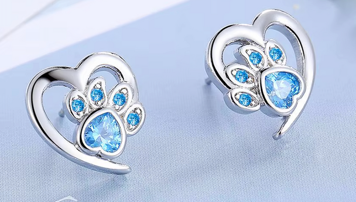 Paw Print CZ Heart ear Studs