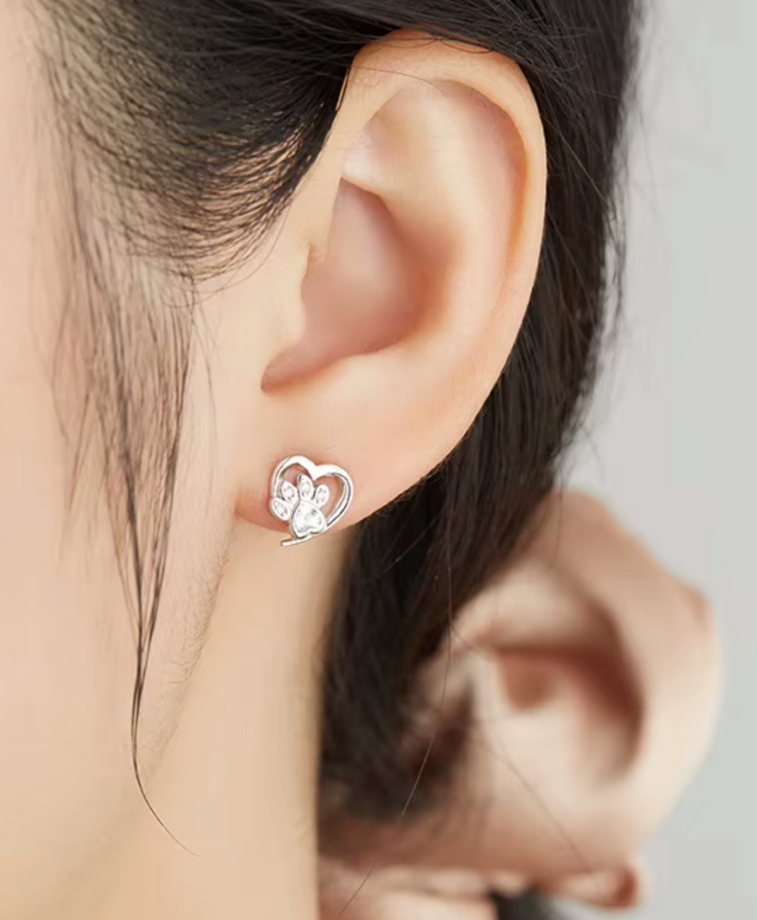 Paw Print CZ Heart ear Studs
