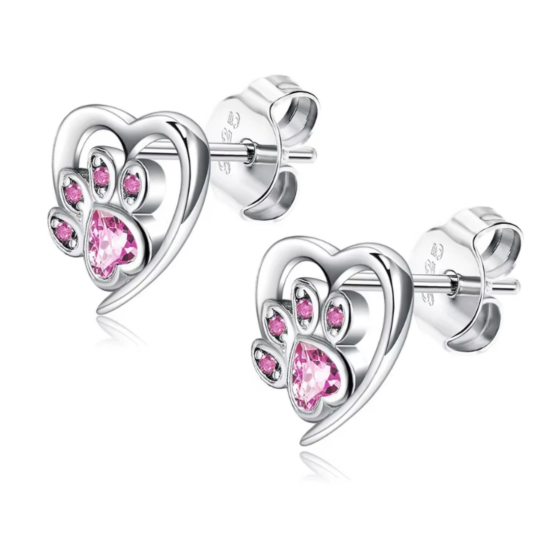 Paw Print CZ Heart ear Studs