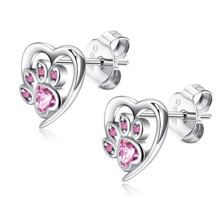 Paw Print CZ Heart ear Studs
