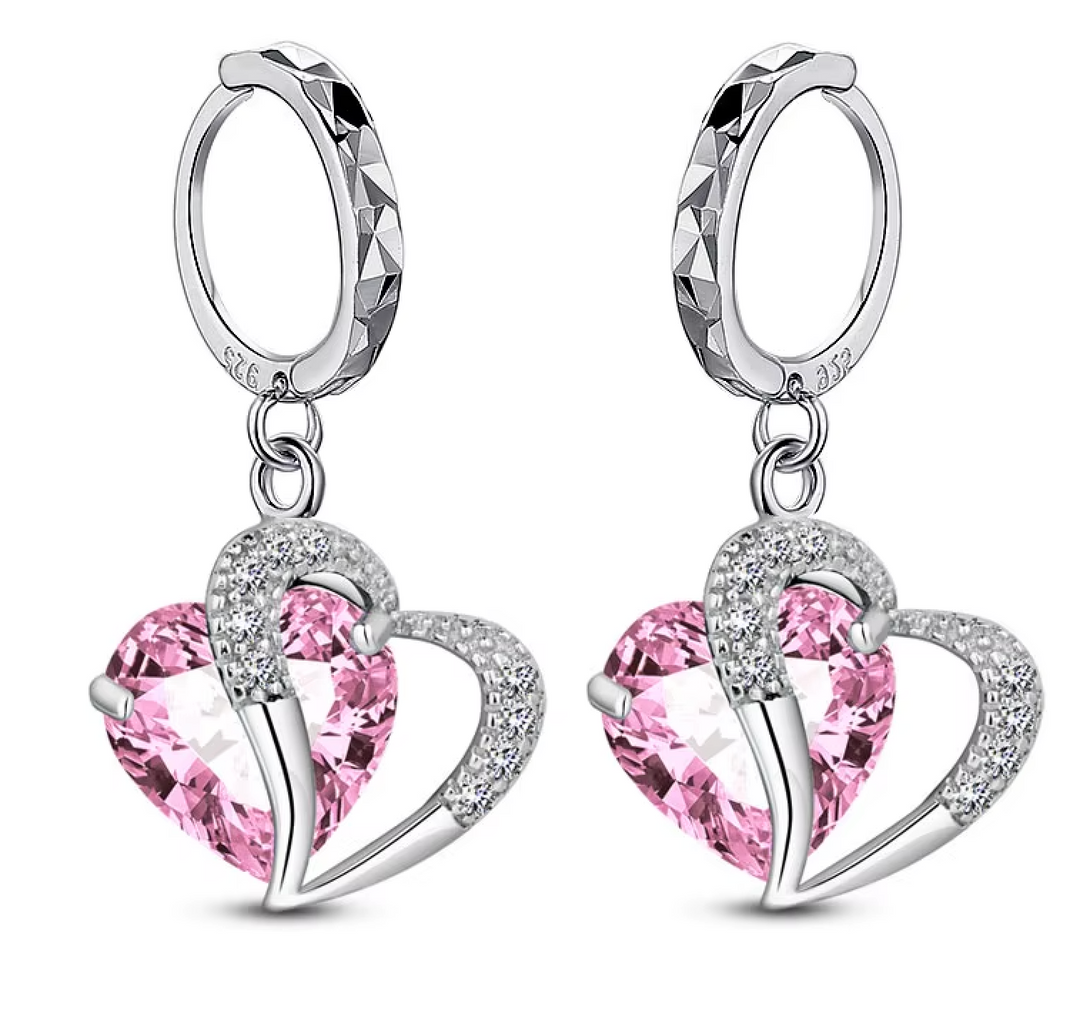Sterling Silver CZ Heart Drop Hoop Clicker Earrings