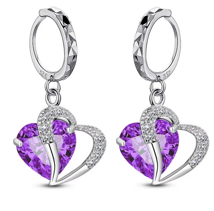 Sterling Silver CZ Heart Drop Hoop Clicker Earrings