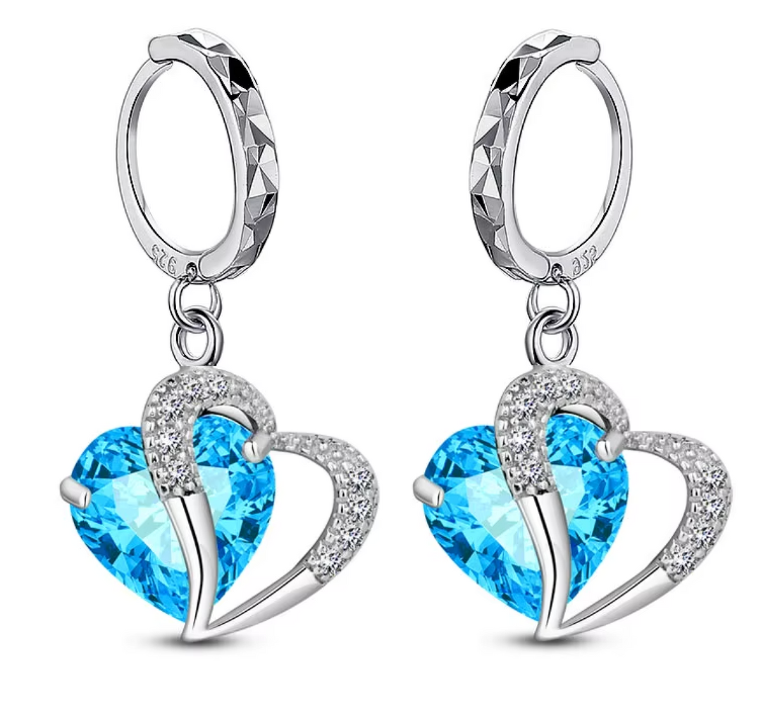 Sterling Silver CZ Heart Drop Hoop Clicker Earrings