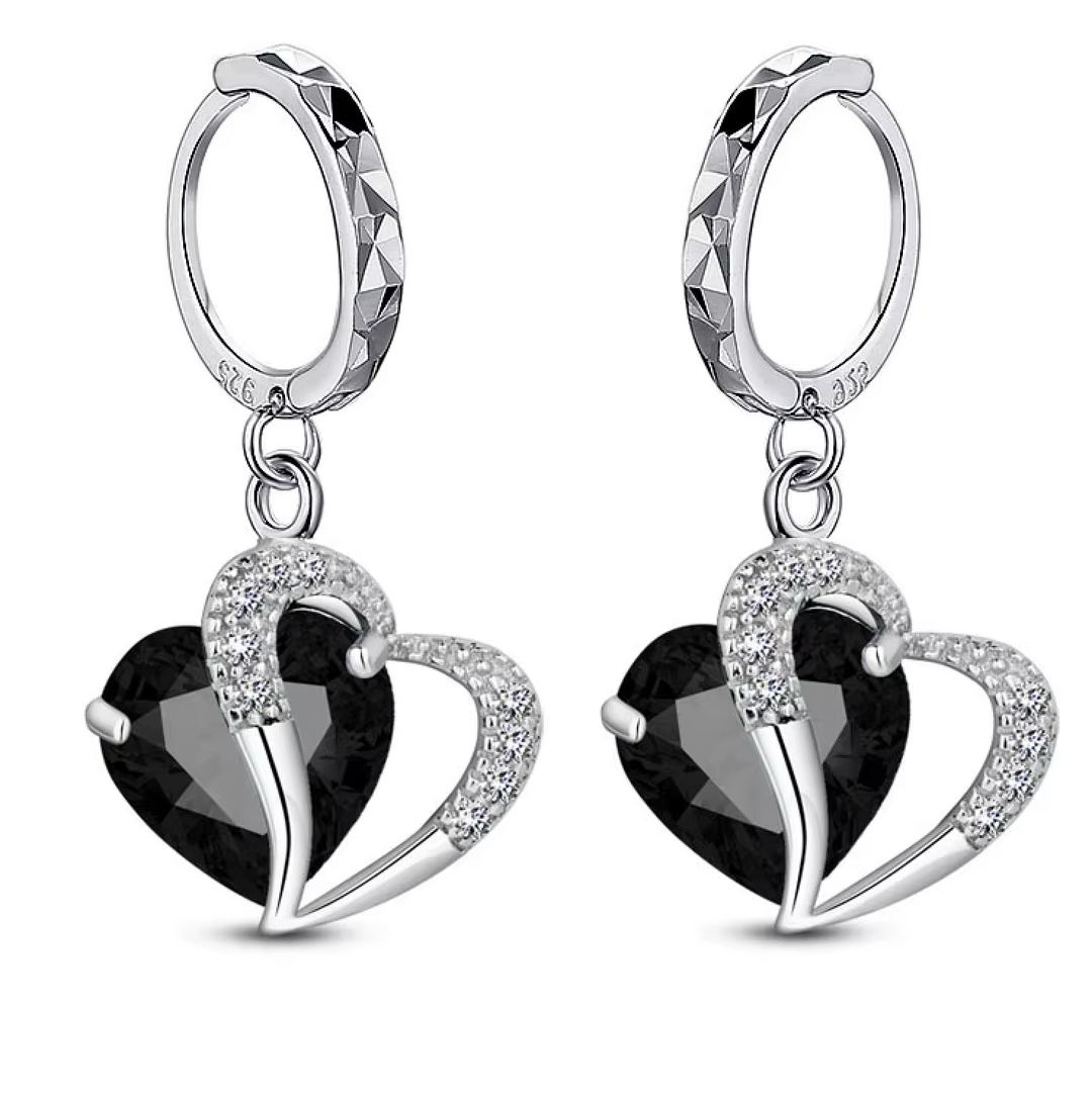 Sterling Silver CZ Heart Drop Hoop Clicker Earrings