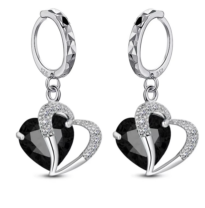 Sterling Silver CZ Heart Drop Hoop Clicker Earrings