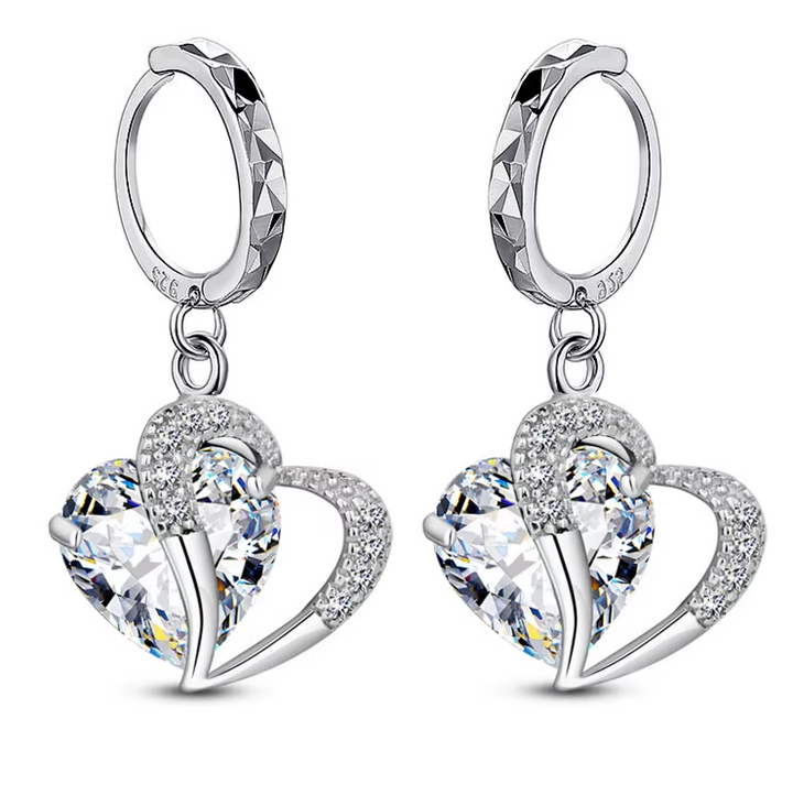 Sterling Silver CZ Heart Drop Hoop Clicker Earrings