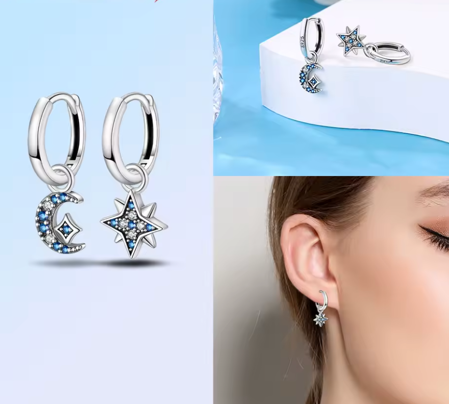 Sterling Silver Orbiting Moon and Star Clicker Hoops