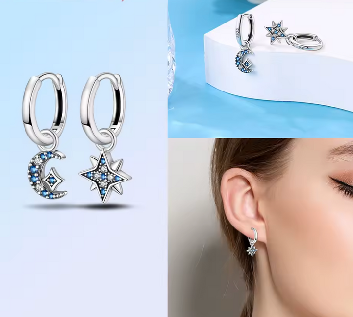 Sterling Silver Orbiting Moon and Star Clicker Hoops