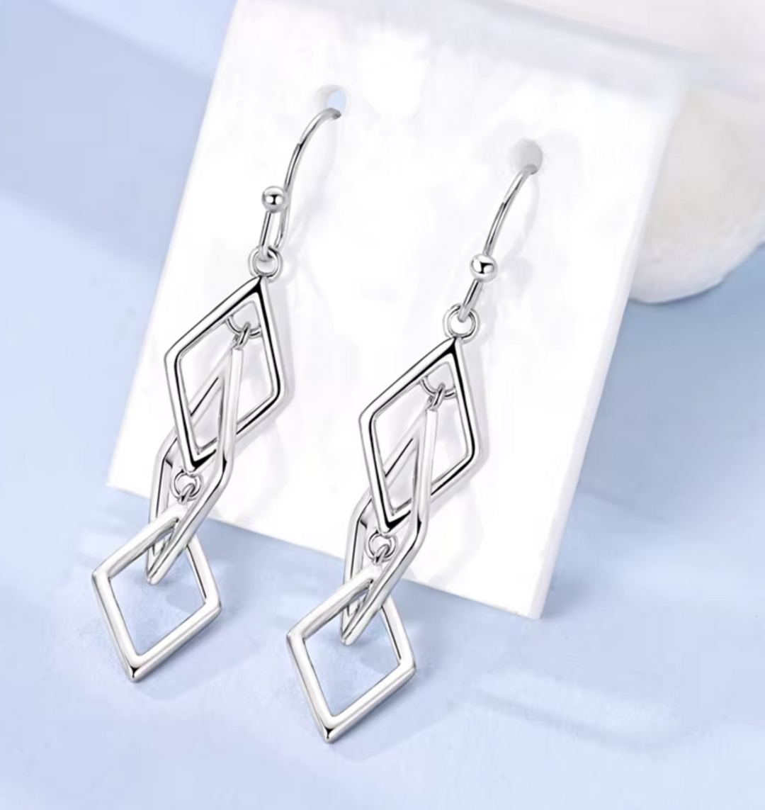 Sterling Silver Diamond Shape Link Drop Earrings