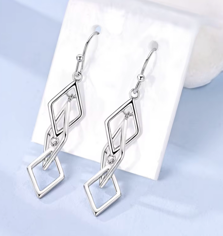 Sterling Silver Diamond Shape Link Drop Earrings