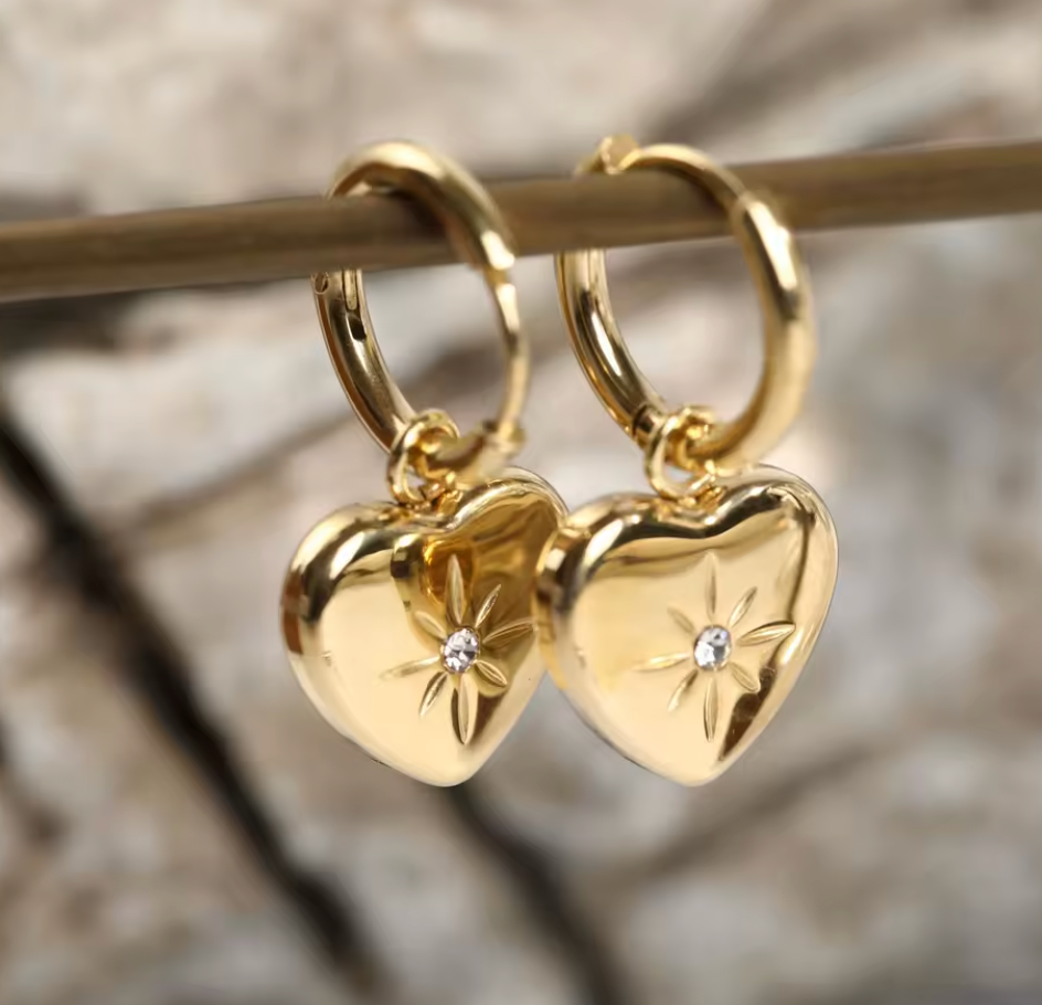 Stainless Steel Eight Point Star Zircon Heart Clicker Drop Hoops.