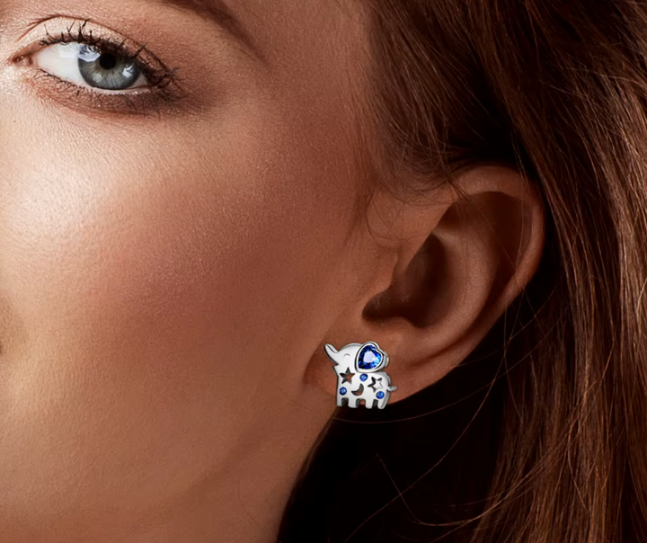 Silver Plated Cute Petite Elephant Blue Heart CZ Ear Studs
